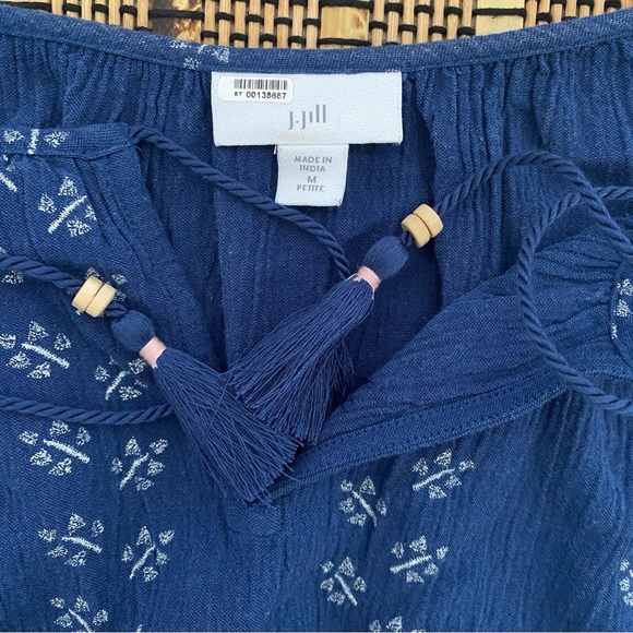 J.Jill Embroidered Tunic Dress Blue Floral Peasant Tassel Tie Cottagecore M Peti - Picture 6 of 9